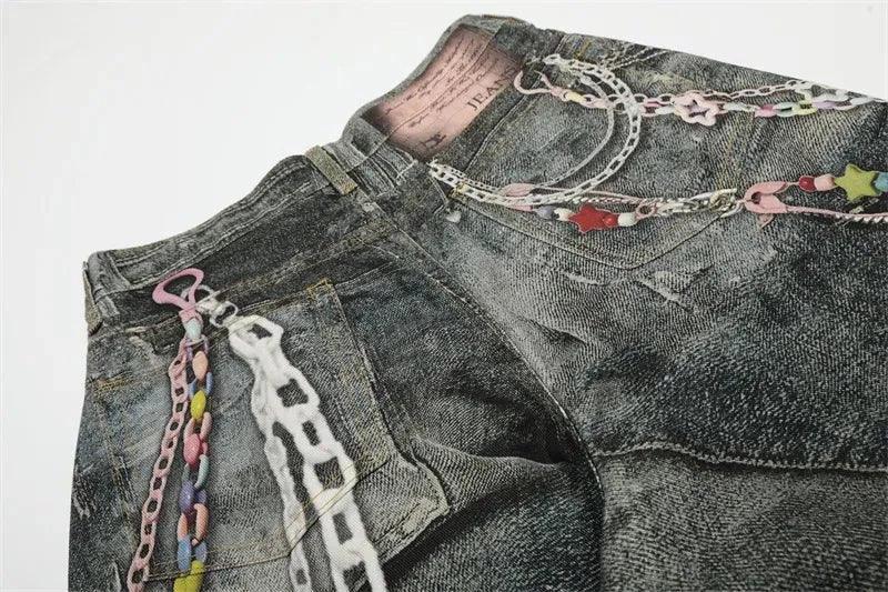 Men's Colorful Beaded Chain Print Denim Shorts - VILLA FASHION