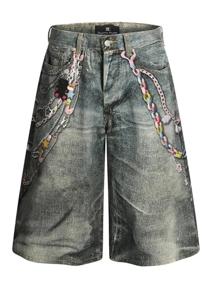 Men's Colorful Beaded Chain Print Denim Shorts - VILLA FASHION