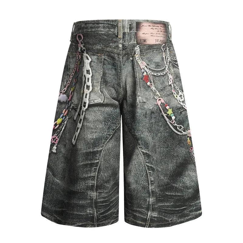 Men's Colorful Beaded Chain Print Denim Shorts - VILLA FASHION