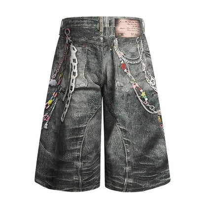 Men's Colorful Beaded Chain Print Denim Shorts - VILLA FASHION