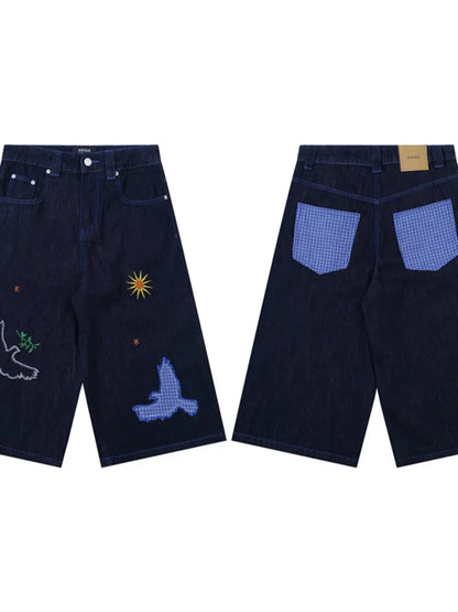 Men's Embroidered Wash Denim Shorts - VILLA FASHION