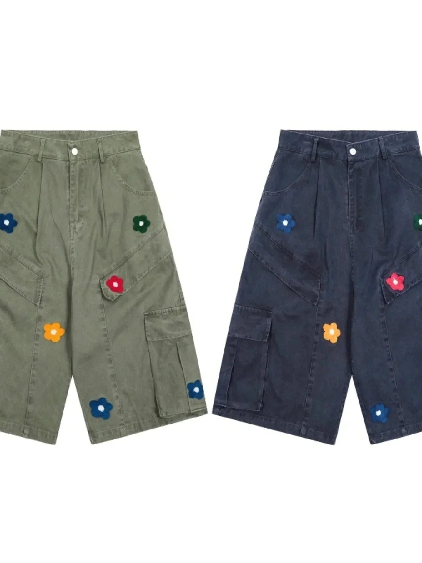 Men's Flower Embroidered Denim Cargo Shorts - VILLA FASHION