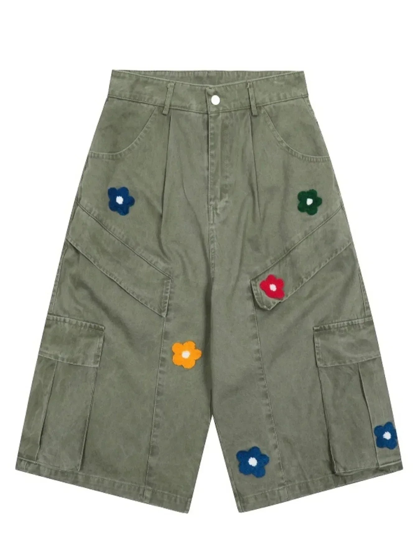 Men's Flower Embroidered Denim Cargo Shorts - VILLA FASHION