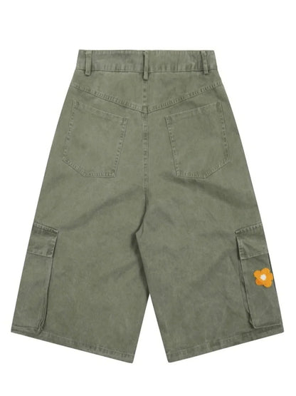 Men's Flower Embroidered Denim Cargo Shorts - VILLA FASHION