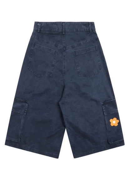 Men's Flower Embroidered Denim Cargo Shorts - VILLA FASHION