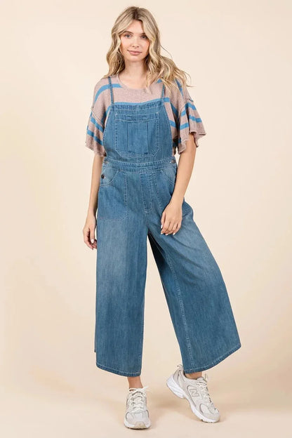 Mittoshop Denim Tie Back Sleeveless Wide Leg Overalls - VILLA FASHION
