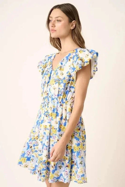 Mittoshop Floral V - Neck Cap Sleeve Mini Dress - VILLA FASHION
