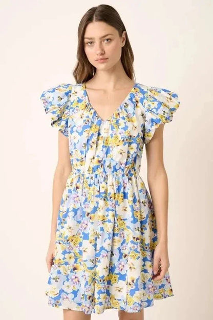 Mittoshop Floral V - Neck Cap Sleeve Mini Dress - VILLA FASHION