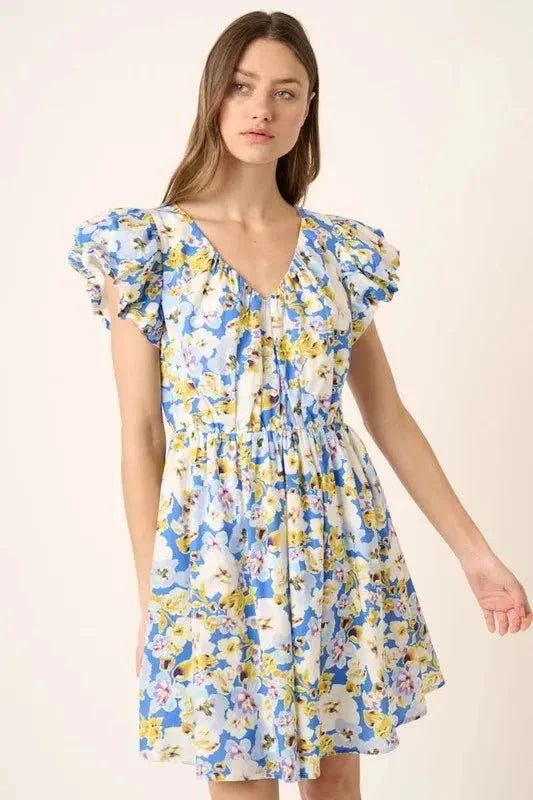 Mittoshop Floral V - Neck Cap Sleeve Mini Dress - VILLA FASHION