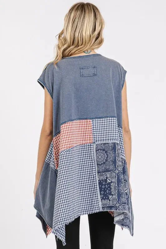 Mittoshop Patchwork Mineral Washed Round Neck Cap Sleeve Top - VILLA FASHION