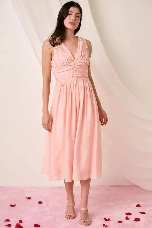 Mittoshop Ruched V - Neck Sleeveless Midi Dress - VILLA FASHION