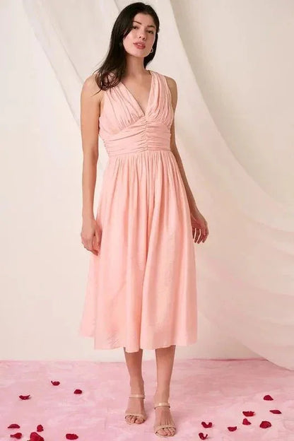 Mittoshop Ruched V - Neck Sleeveless Midi Dress - VILLA FASHION