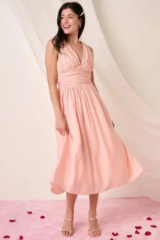 Mittoshop Ruched V - Neck Sleeveless Midi Dress - VILLA FASHION