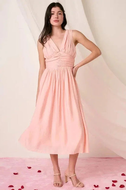 Mittoshop Ruched V - Neck Sleeveless Midi Dress - VILLA FASHION