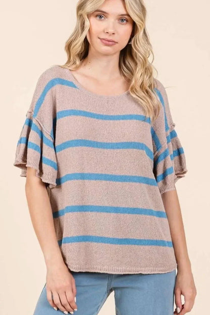 Mittoshop Striped Flounce Sleeve Knit Top - VILLA FASHION