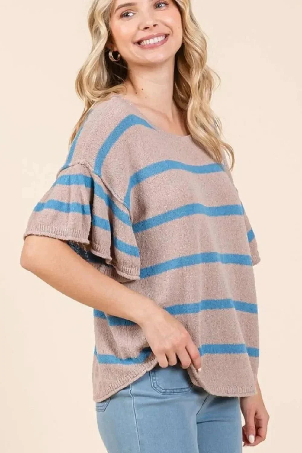 Mittoshop Striped Flounce Sleeve Knit Top - VILLA FASHION