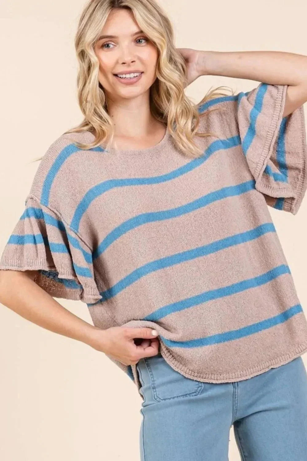Mittoshop Striped Flounce Sleeve Knit Top - VILLA FASHION
