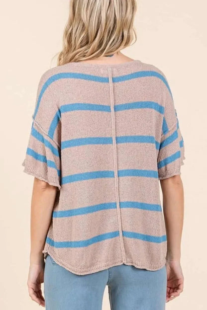 Mittoshop Striped Flounce Sleeve Knit Top - VILLA FASHION