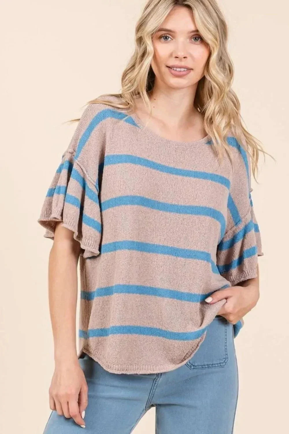 Mittoshop Striped Flounce Sleeve Knit Top - VILLA FASHION