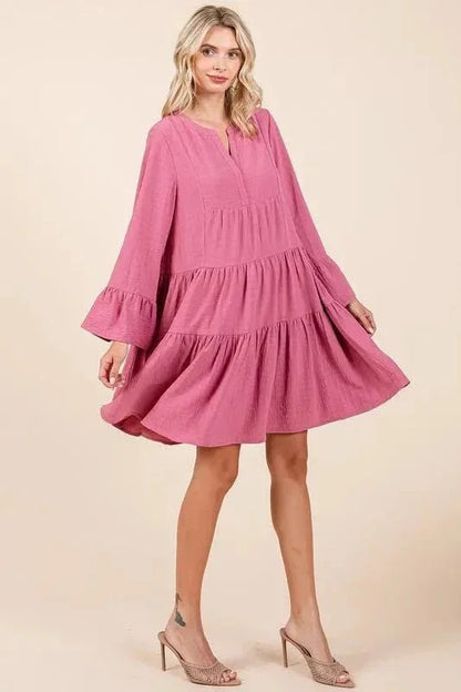Mittoshop Tiered Notched Flare Sleeve Dress - VILLA FASHION