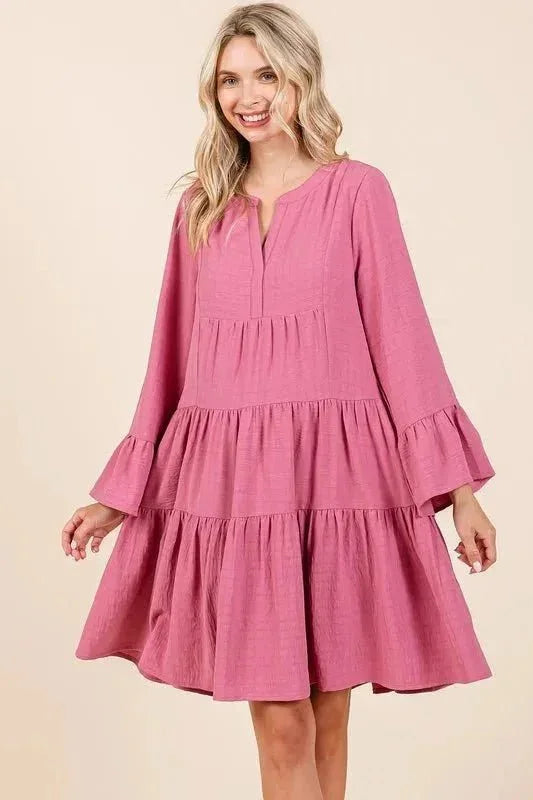Mittoshop Tiered Notched Flare Sleeve Dress - VILLA FASHION