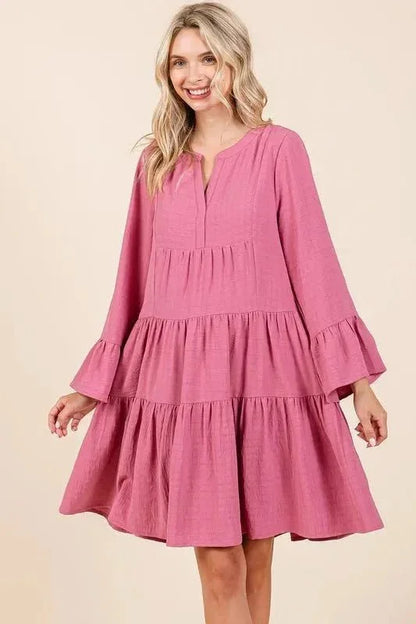 Mittoshop Tiered Notched Flare Sleeve Dress - VILLA FASHION