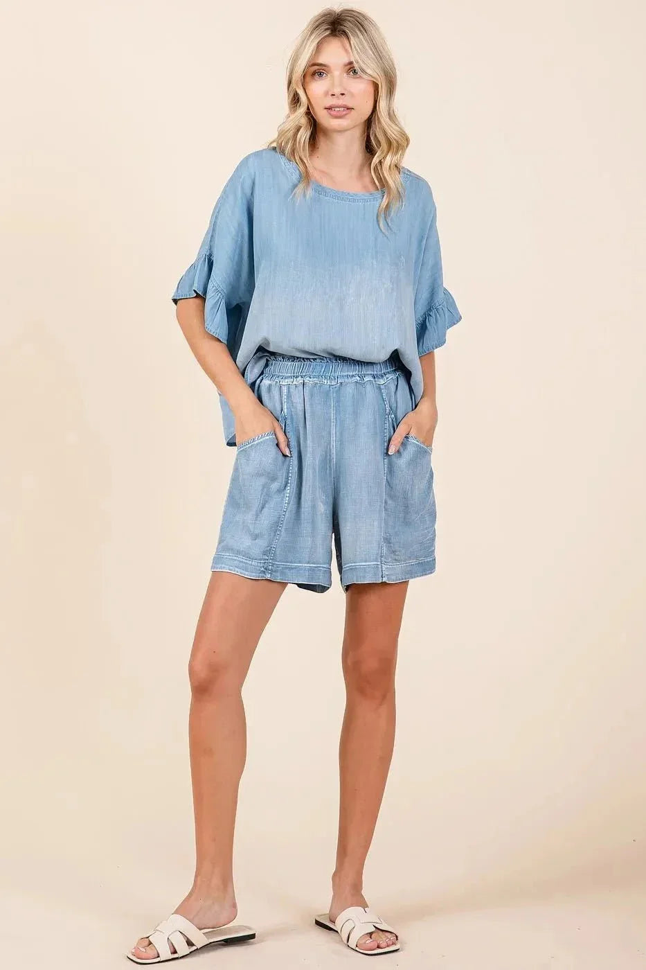 Mittoshop Washed Chambray Elastic Waist Easy Fit Shorts - VILLA FASHION