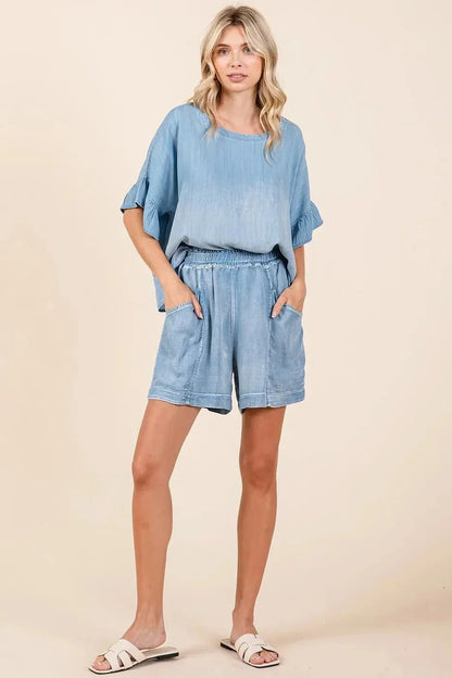Mittoshop Washed Chambray Elastic Waist Easy Fit Shorts - VILLA FASHION