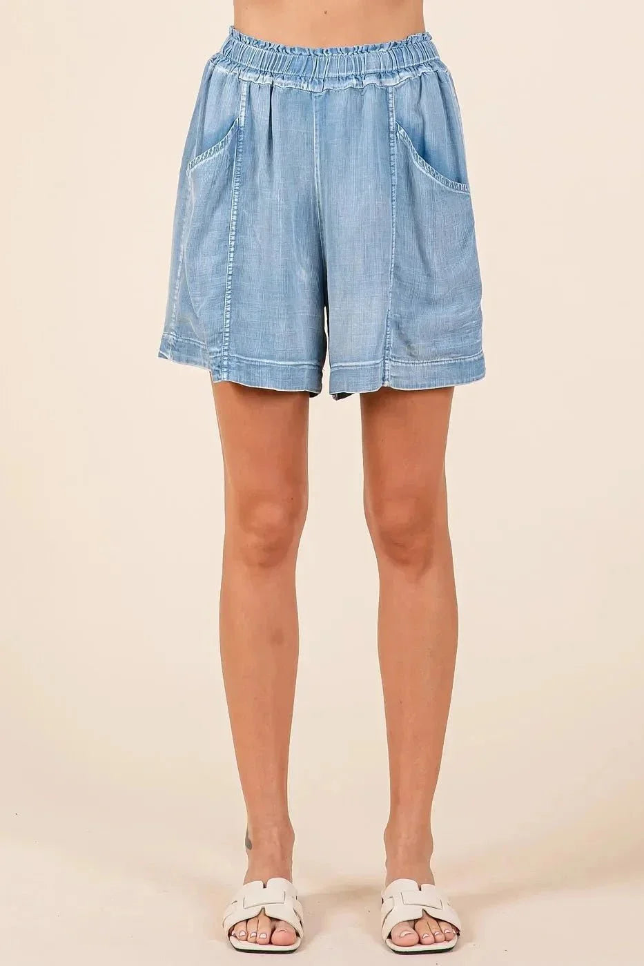 Mittoshop Washed Chambray Elastic Waist Easy Fit Shorts - VILLA FASHION