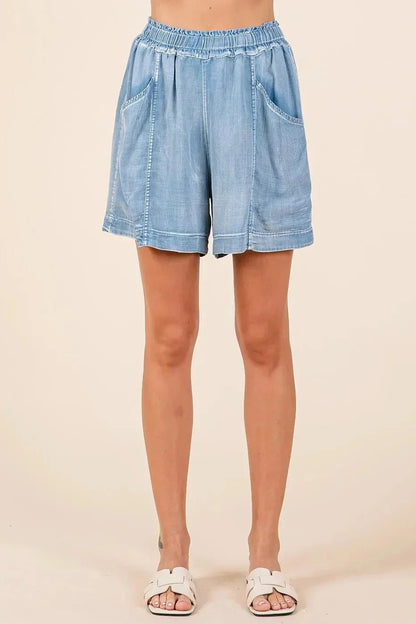 Mittoshop Washed Chambray Elastic Waist Easy Fit Shorts - VILLA FASHION
