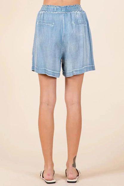 Mittoshop Washed Chambray Elastic Waist Easy Fit Shorts - VILLA FASHION