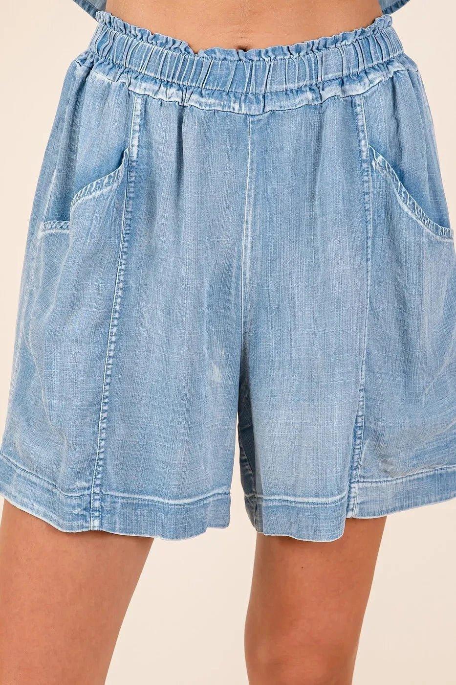 Mittoshop Washed Chambray Elastic Waist Easy Fit Shorts - VILLA FASHION