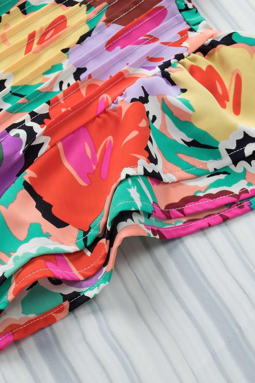 Multicolored Flutter Sleeve Mock Neck Blouse - VILLA FASHION