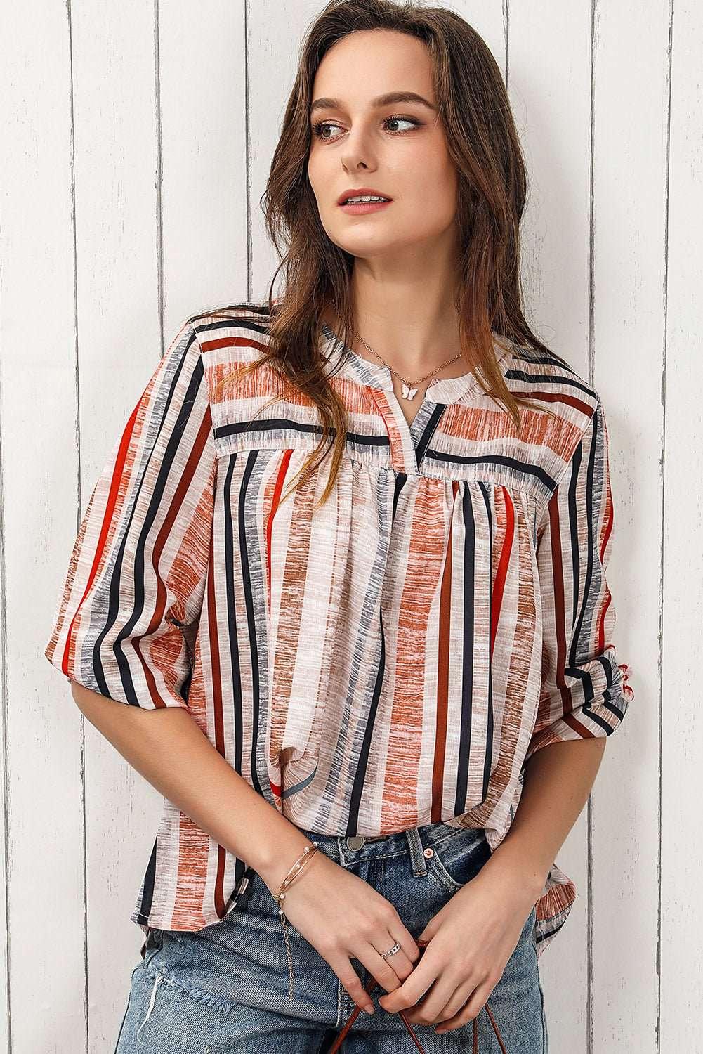 Multicolored Stripe Notched Neck Top - VILLA FASHION