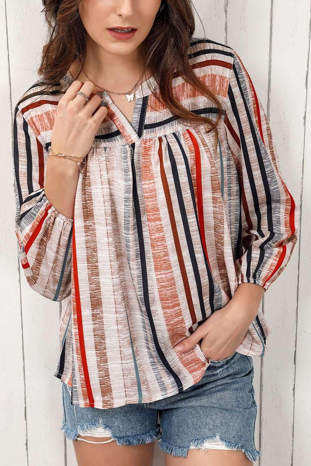 Multicolored Stripe Notched Neck Top - VILLA FASHION