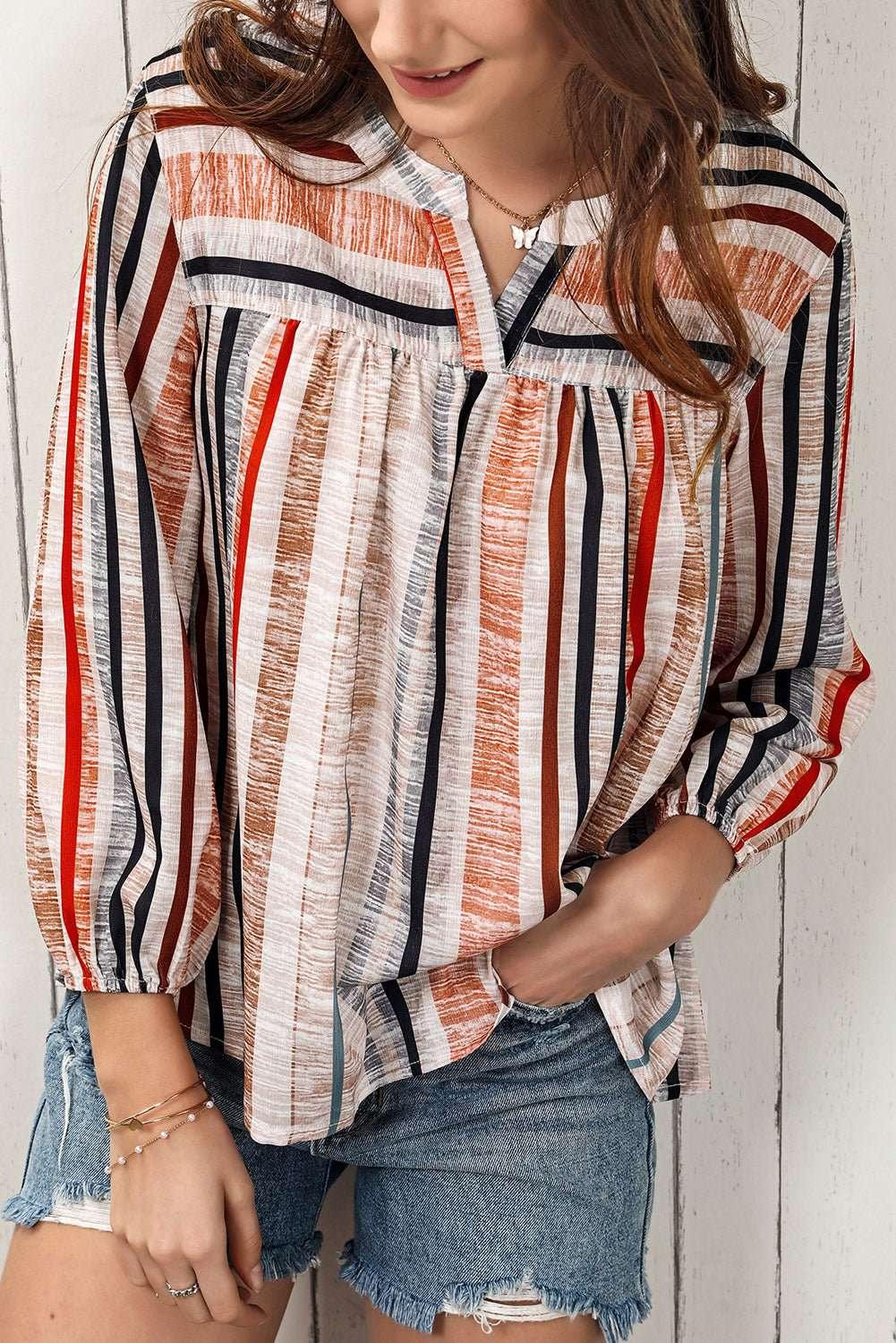 Multicolored Stripe Notched Neck Top - VILLA FASHION