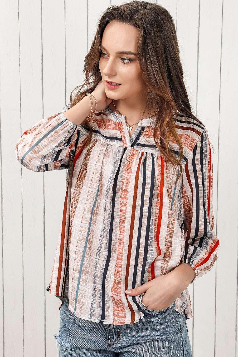 Multicolored Stripe Notched Neck Top - VILLA FASHION