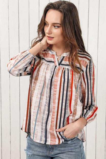 Multicolored Stripe Notched Neck Top - VILLA FASHION