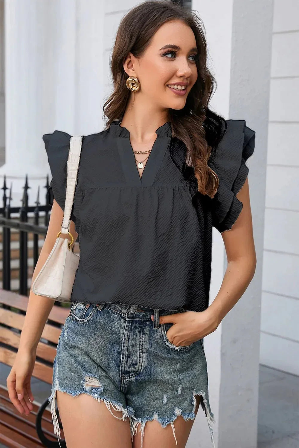 Notched Neck Butterfly Sleeve Blouse - VILLA FASHION