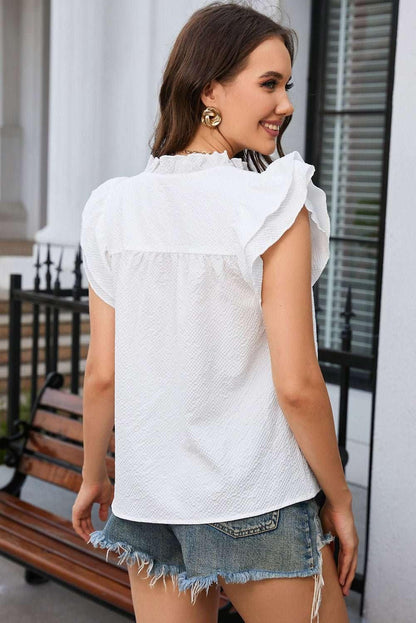 Notched Neck Butterfly Sleeve Blouse - VILLA FASHION