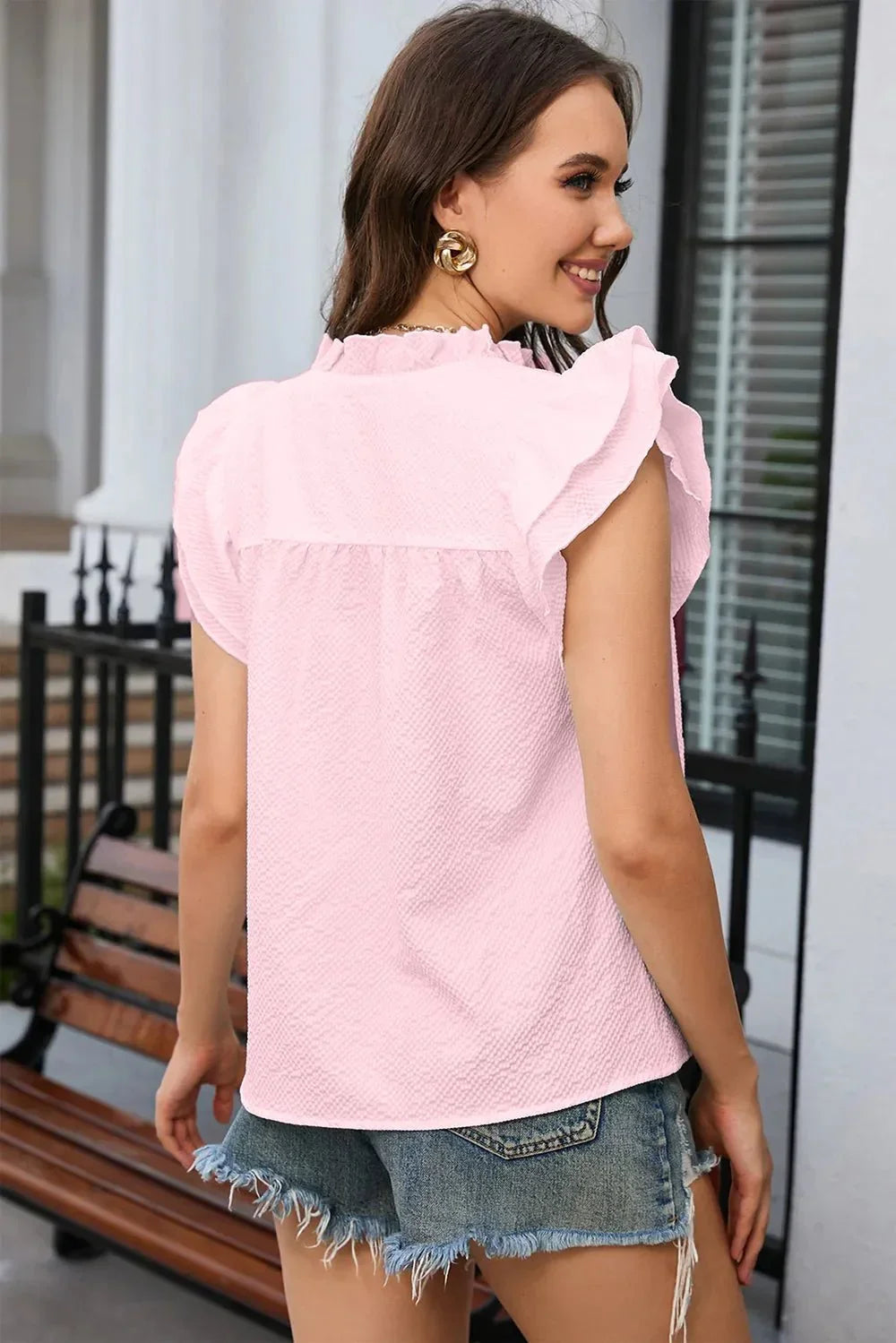 Notched Neck Butterfly Sleeve Blouse - VILLA FASHION