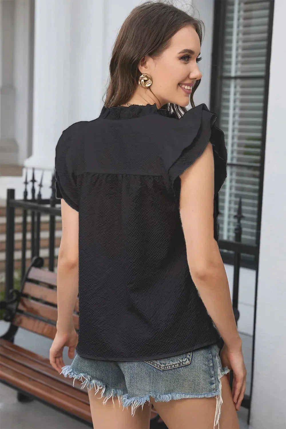 Notched Neck Butterfly Sleeve Blouse - VILLA FASHION
