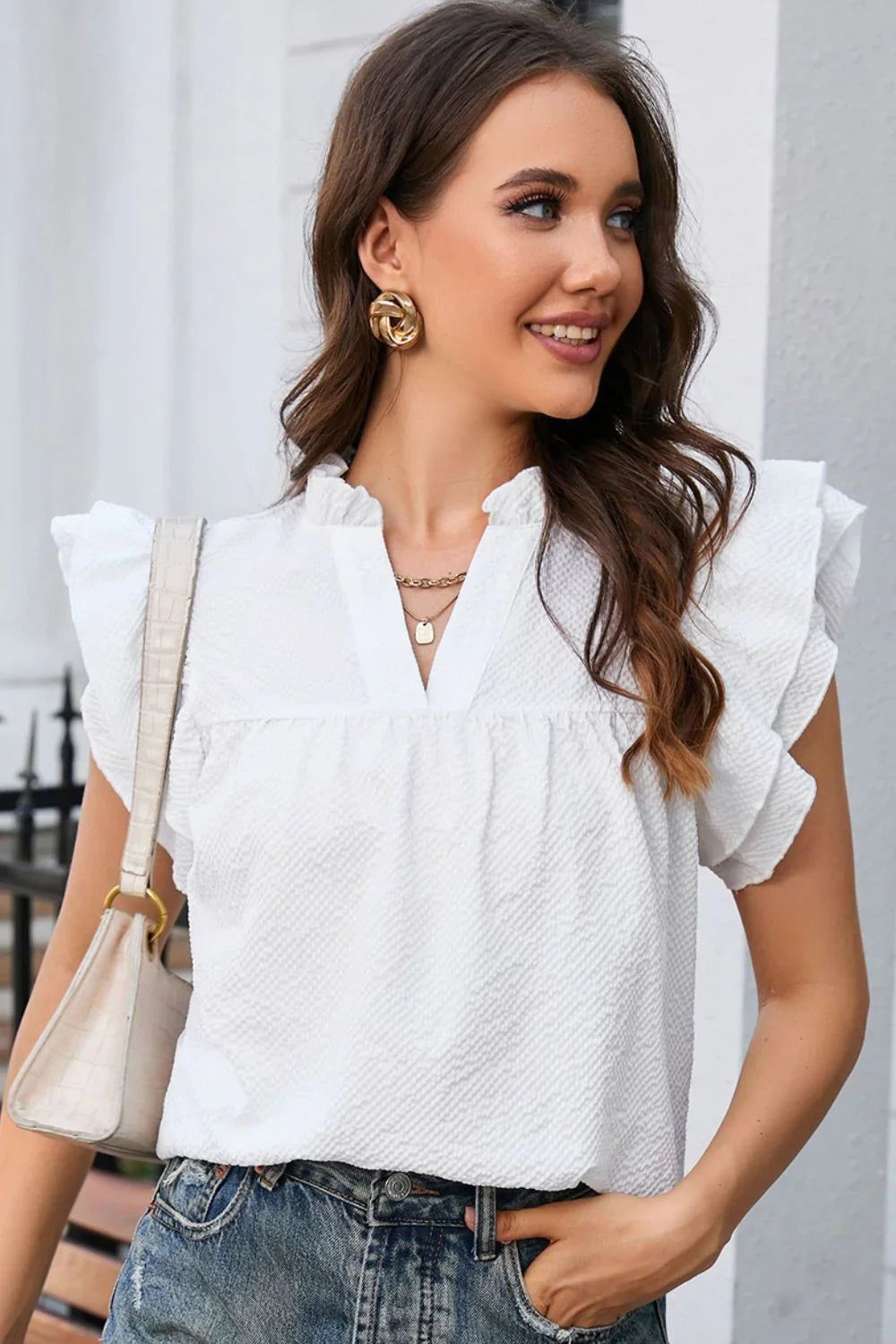 Notched Neck Butterfly Sleeve Blouse - VILLA FASHION