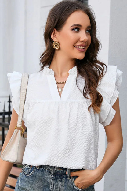 Notched Neck Butterfly Sleeve Blouse - VILLA FASHION