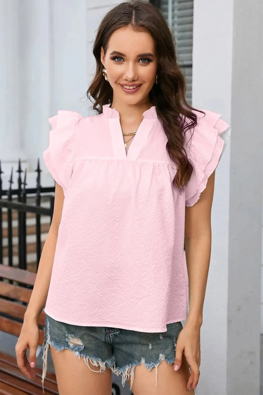 Notched Neck Butterfly Sleeve Blouse - VILLA FASHION