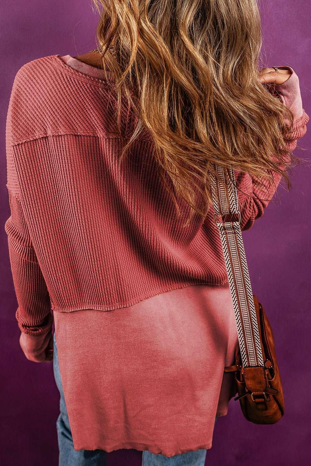 Notched Neck Long Sleeve Slit Blouse - VILLA FASHION