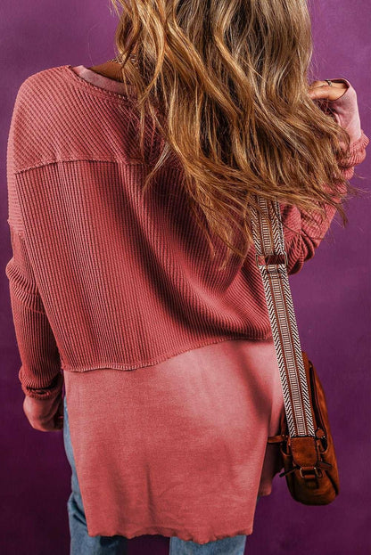 Notched Neck Long Sleeve Slit Blouse - VILLA FASHION