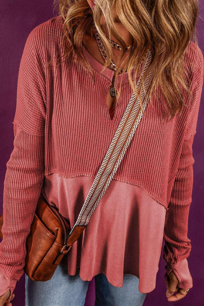 Notched Neck Long Sleeve Slit Blouse - VILLA FASHION