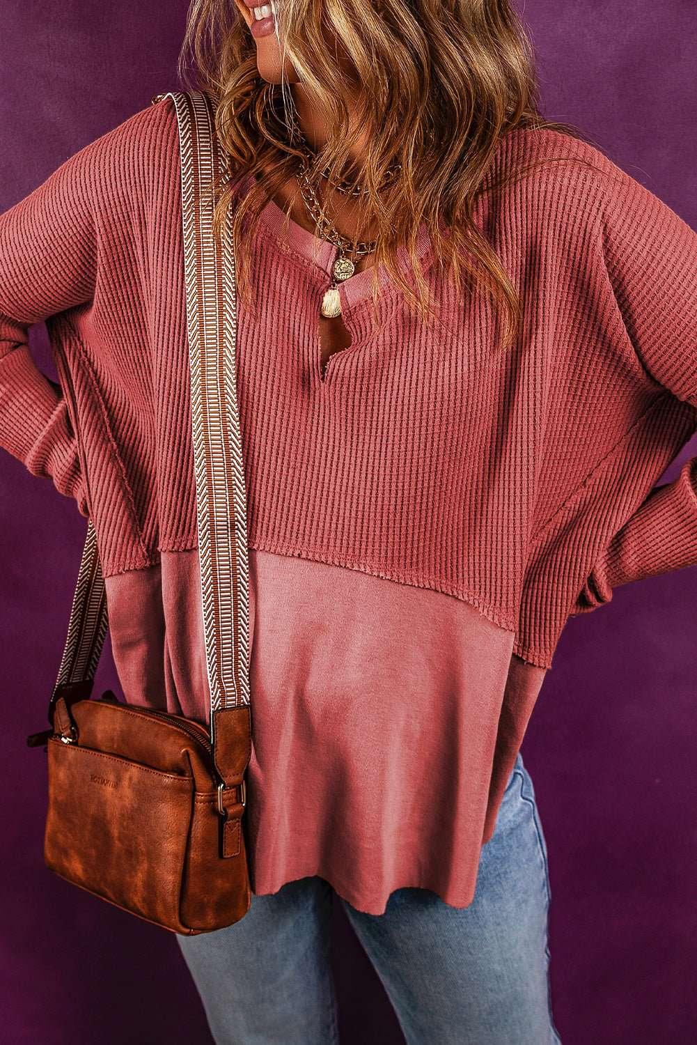 Notched Neck Long Sleeve Slit Blouse - VILLA FASHION