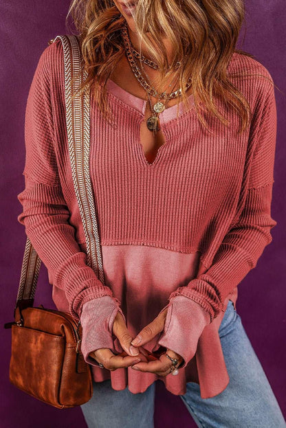 Notched Neck Long Sleeve Slit Blouse - VILLA FASHION